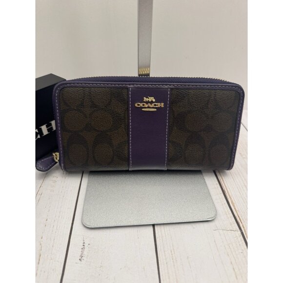 Coach Beige Purple Trim Coated Canvas Accordion Zip Wallet 8x4x1" F54630 VGUC - Picture 1 of 6